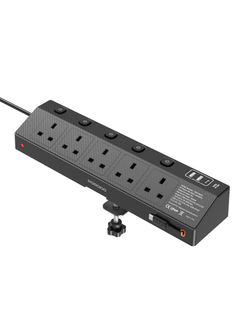 porodo VOLTGUARD Multi-Port Power Socket with 5 AC & 4 Smart USB Ports and 3250W Max Rated Power / Power Extension PD20W / Multi Functional Power Extension / Smart USB Ports / Retractable Type-C Cable - Black - Image 2
