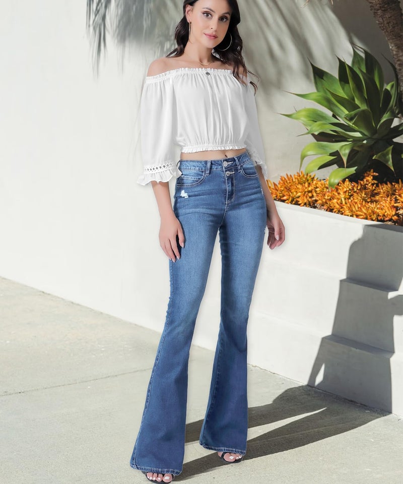 VIPONES Women's Flare Bell Bottom Jeans High Waisted Wide Leg Bootcut Jeans Stretchy Denim Pants Trendy Blue - Image 3