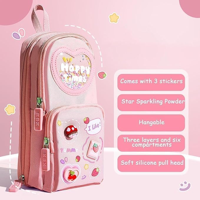 Baethan Kawaii Pencil Pouch 3 Compartment Cute Pencil Poucha Aesthetic Pencil Box for Girls Large Capacity Pen Pencil Pouch Multifunctional Stationery Organizer for School Office (Pink) - Image 4