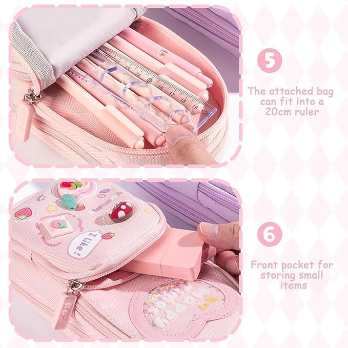 Baethan Kawaii Pencil Pouch 3 Compartment Cute Pencil Poucha Aesthetic Pencil Box for Girls Large Capacity Pen Pencil Pouch Multifunctional Stationery Organizer for School Office (Pink) - Image 3