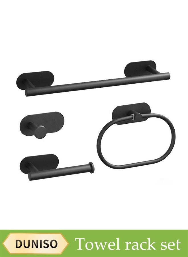 DUNISO 4-Piece Matte Black Bathroom Wall Hook Bath Towel Rod Set, Towel Rod + Toilet Paper Holder + Towel Ring + Single Clothes Hook, Multi-Functional Bathroom Hook Set, Self-Adhesive, Suitable For Hotel Apartment Bathrooms. - Image 1
