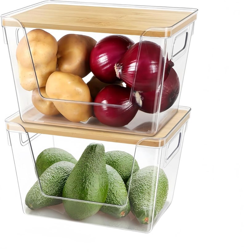 MEETOZ 2 Set Stackable Storage Bins with Bamboo Top,Pantry Organizers and Storage,Trash Bag Holder Dispenser,Fridge Organizer for Fruit,Onion,Potato,Produce,Vegetables - Image 1