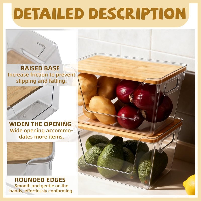 MEETOZ 2 Set Stackable Storage Bins with Bamboo Top,Pantry Organizers and Storage,Trash Bag Holder Dispenser,Fridge Organizer for Fruit,Onion,Potato,Produce,Vegetables - Image 4
