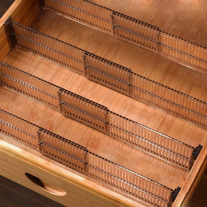 neotimely Global flexible sizing options Drawer Dividers Organizers, Expandable from 10-21Inch Kitchen Drawer Organizer, Clear Plastic Drawers Separators, Adjustable Divider with Foam Ends for Clothing, Kitchen Utensils and Office (4 Pack) Elegant upgraded practical design - Image 1