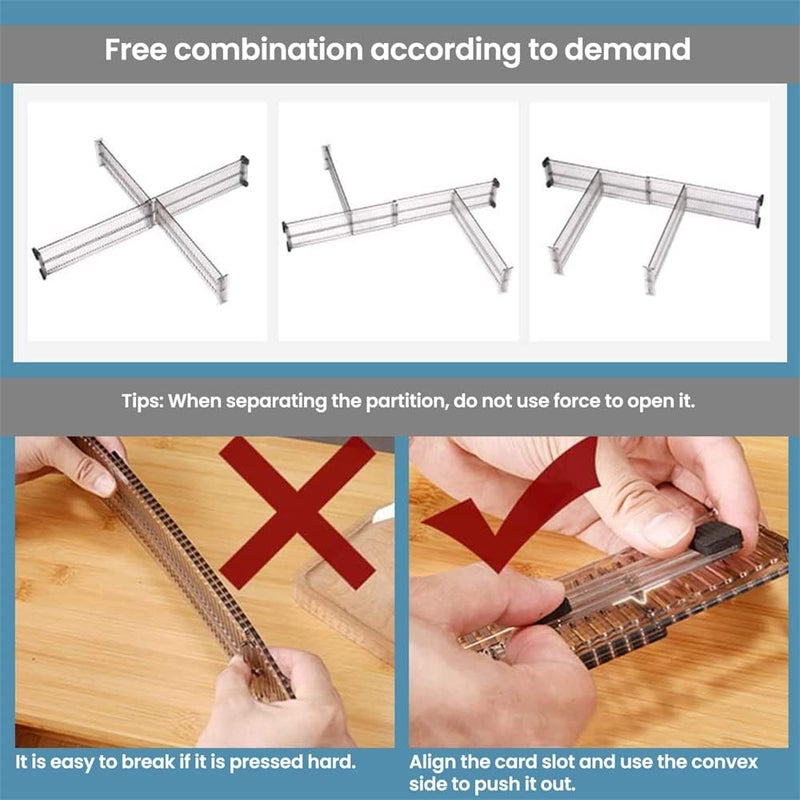 neotimely Global flexible sizing options Drawer Dividers Organizers, Expandable from 10-21Inch Kitchen Drawer Organizer, Clear Plastic Drawers Separators, Adjustable Divider with Foam Ends for Clothing, Kitchen Utensils and Office (4 Pack) Elegant upgraded practical design - Image 4