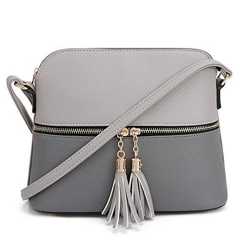 SG SUGU Lunar Lightweight Medium Dome Crossbody Bag Shoulder Bag with Double Tassels | Zipper Pocket | Adjustable Strap|Gray/Dark Gray - Image 1