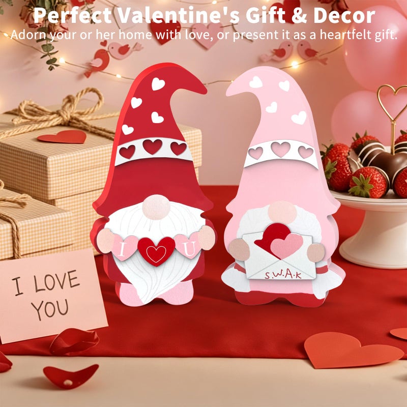 OLANRUN Valentines Day Decorations, 2 Pack Wooden 3D Gnomes with Envelope and Hearts, Valentines Home Office Table Sign Decor, 6.9 Inch Valentine's Day Decor for Bedroom Mantel Tiered Tray Shelf - Image 2