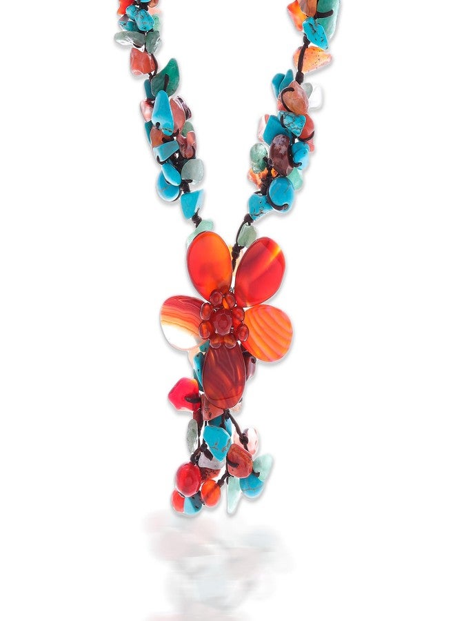NOVICA Artisan Handmade Agate Carnelian Y Necklace Resin Bead Magnesite Aventurine Orange Turquoise Blue Beaded Thailand Celosia Floral Bohemian 'Summer Flower' - Image 1