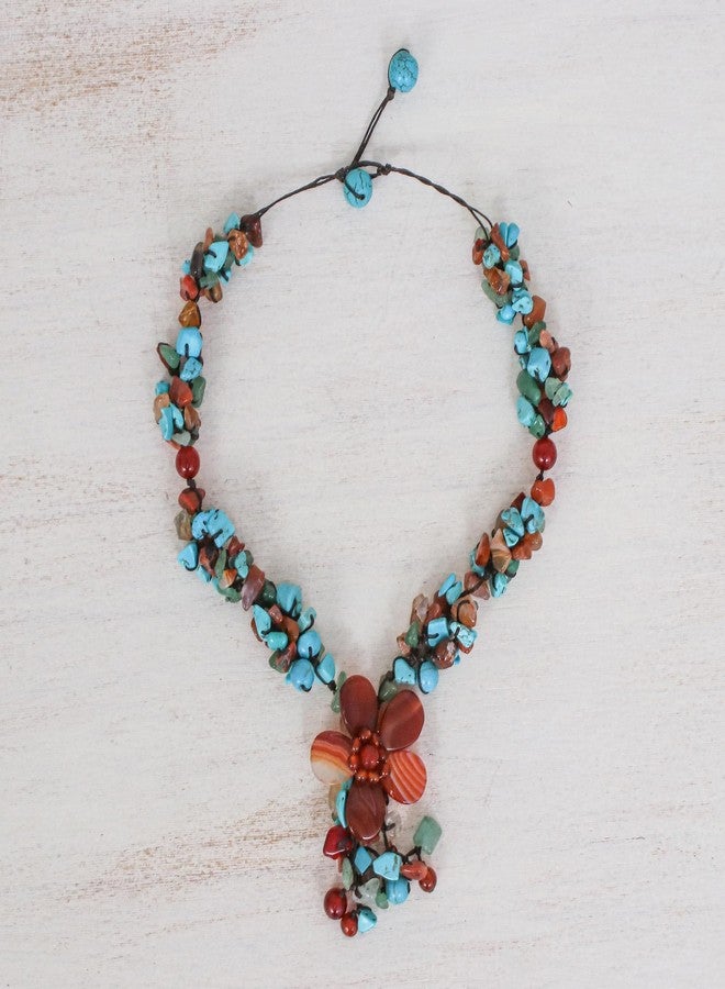 NOVICA Artisan Handmade Agate Carnelian Y Necklace Resin Bead Magnesite Aventurine Orange Turquoise Blue Beaded Thailand Celosia Floral Bohemian 'Summer Flower' - Image 4