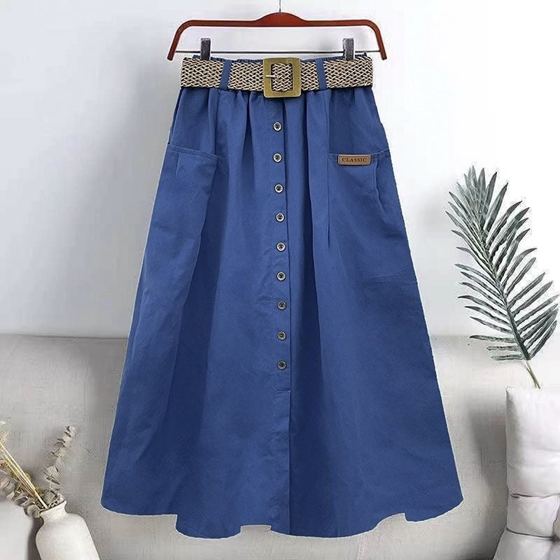 Cotton 2024 Spring and Summer New Korean Style Elastic High-waisted Skirt with Large Flap Pocket Pants Slits Slimming Look Mid-length A-line Skirt Denim blue [free belt]