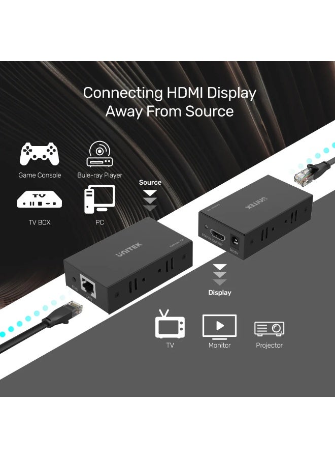 UNITEK موسع HDMI عبر الإيثرنت – 4K@30Hz حتى 60م عبر كابل Cat6، توصيل وتشغيل، للتلفاز، الشاشة والبروجيكتور، مؤشر LED، قابس بريطاني - Image 3