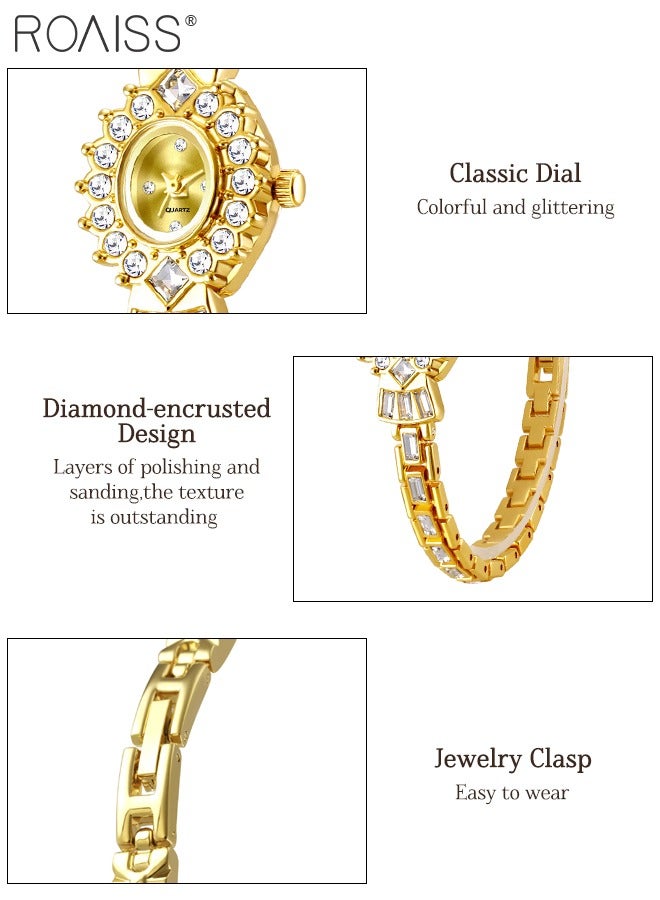 رويس ساعة يد نسائية صغيرة ذهبية عتيقة، شاشة عرض تناظرية، قرص بيضاوي مزين بأحجار الراين، ساعة يد أنيقة فاخرة بإضاءة ساطعة، هدية للسيدات - Image 5