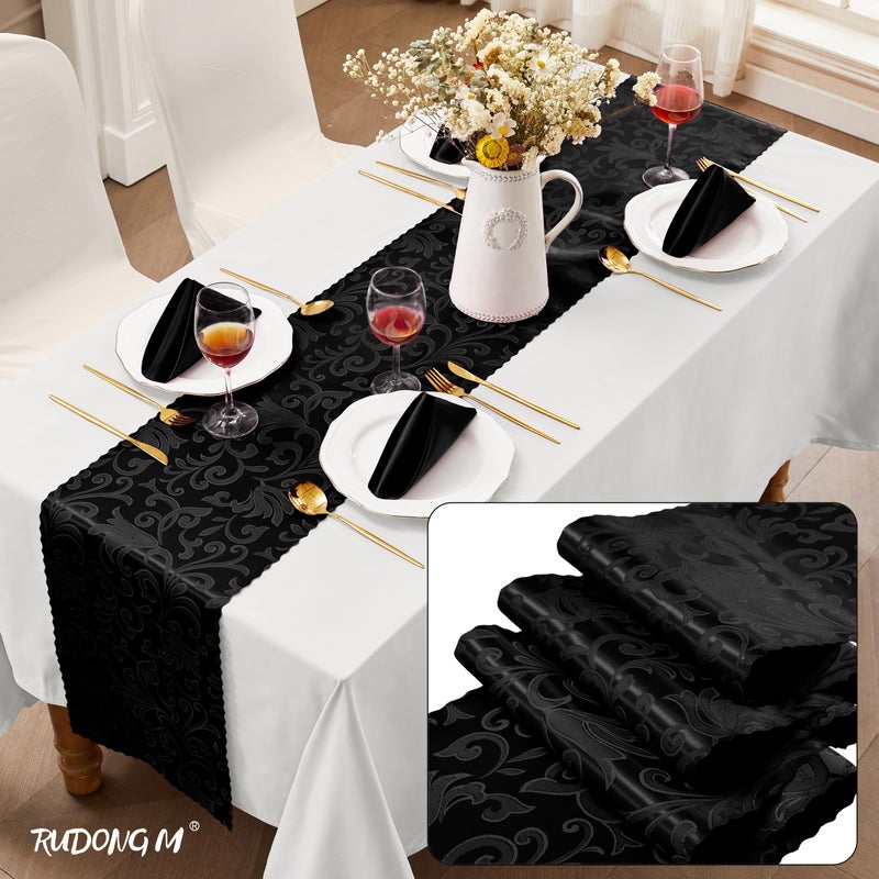 RUDONG M 2 Pack Black Satin Table Runners 12 x 108 Inch, Long Silky Damask Table Runner Decor, Bright Smooth Jacquard Dining Table Runners for Weddings, Banquet, Parties Dinner Decoration - Image 2