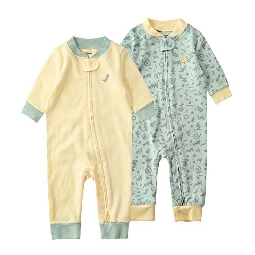 Teach Leanbh Baby 2-Pack 100% Cotton Romper Jumpsuits Two Way Zipper Long Sleeve Footless Sleep and Play (Yellow+Pea Green, 6-12 Months) - Image 1