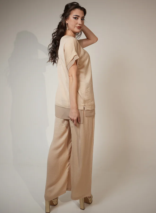 Elena by DStyle Elena by DStyle Matte Satin Beaded Neckline Longline Top and Pants Modest Set