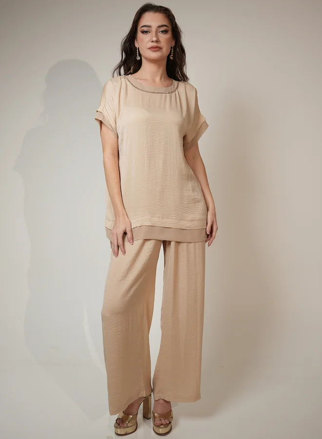 Elena by DStyle Elena by DStyle Matte Satin Beaded Neckline Longline Top and Pants Modest Set