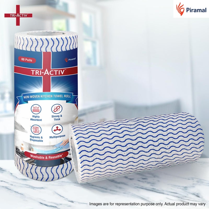 TRI-ACTIV Washable & Reusable Kitchen Towel Roll | 80 Pulls per Roll, 160 Sheets Pack of 2 | Highly Absorbent Kitchen Tissue Roll | Non Woven Fabric | Better alternative to Paper Tissue Roll | Blue - Image 2