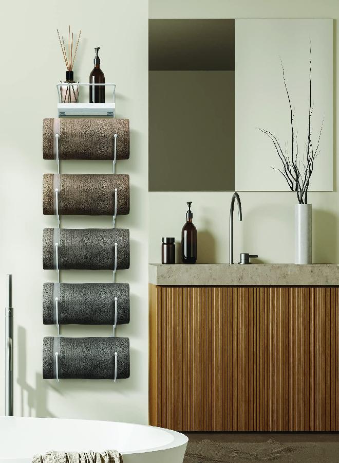 Sorbus-Towel Rack for-Bathroom - Wall Mounted Metal Organization Rack with Wooden Top Shelf & 5 Tiers - Holds Full Sized Bath-Towels, Washcloths, Linens, & Hand-Towels - Easy Installation