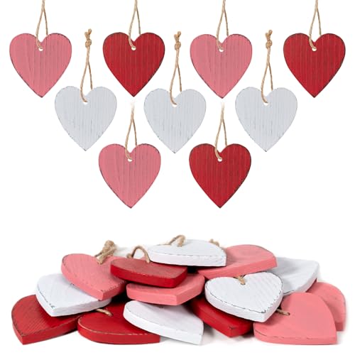 Rmeosye Valentine Wooden Heart Ornaments Set, 18pcs Rustic Farmhouse Distressed Wooden Hearts in Red, Pink & White, Vintage Wood Valentine Décor for Home, Tiered Tray, Mantel, Fireplace, Shelf, or Office - Image 1