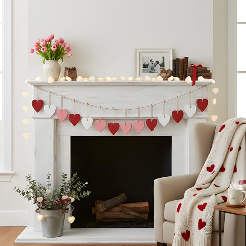 Rmeosye Valentine Wooden Heart Ornaments Set, 18pcs Rustic Farmhouse Distressed Wooden Hearts in Red, Pink & White, Vintage Wood Valentine Décor for Home, Tiered Tray, Mantel, Fireplace, Shelf, or Office - Image 4