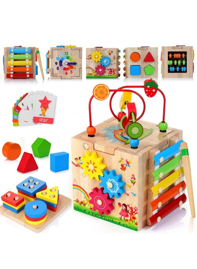 HELLOWOOD 8-in-1 Wooden Activity Cube for Kids, Sorting & Stacking Toys Shape Match Xylophone Montessori Learning Toy STEM Value Pack Gift for Boys Girls Toddlers-Light Pink Packaging - Image 1