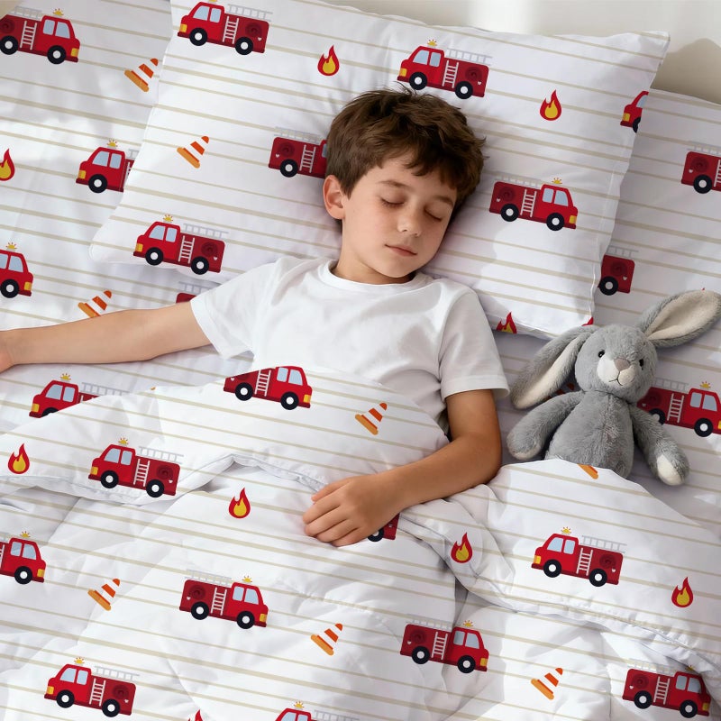 LONAVA Toddler Kids Comforter Set - 4 Pieces Toddler Bedding Sets for Boys Girls Children, Ultra Soft Microfiber Bed in A Bag with Flat Fitted Sheets, Fire Truck - Image 3