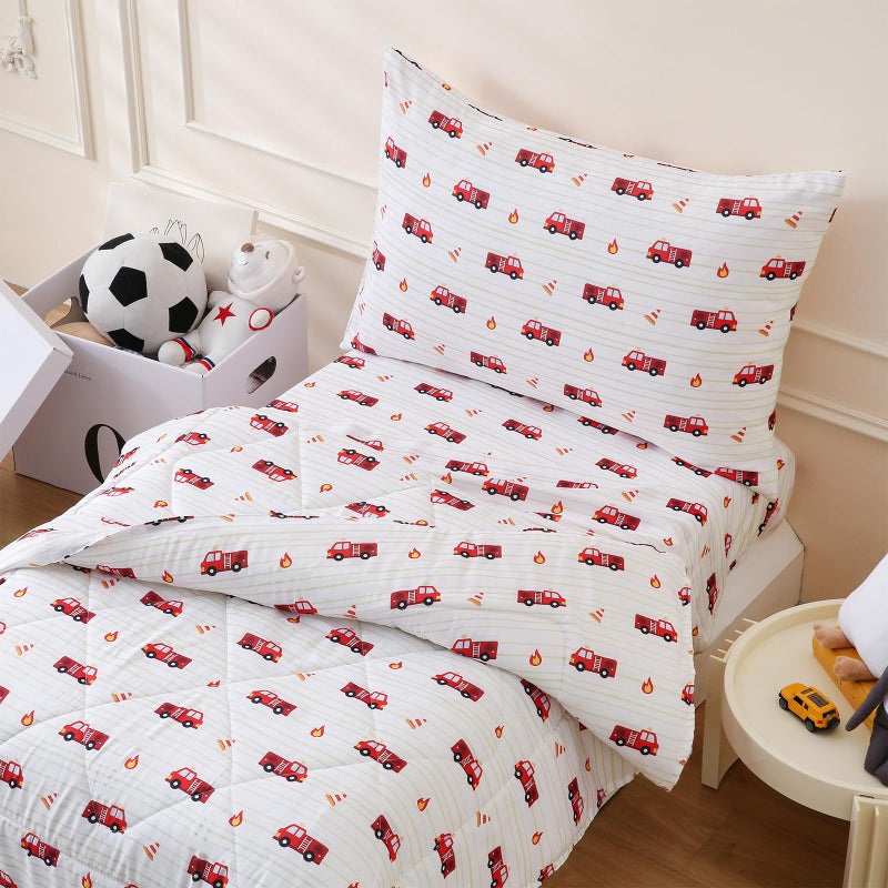 LONAVA Toddler Kids Comforter Set - 4 Pieces Toddler Bedding Sets for Boys Girls Children, Ultra Soft Microfiber Bed in A Bag with Flat Fitted Sheets, Fire Truck - Image 1