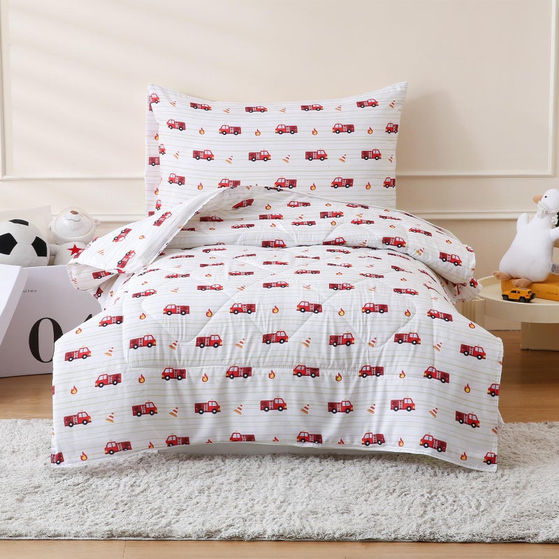 LONAVA Toddler Kids Comforter Set - 4 Pieces Toddler Bedding Sets for Boys Girls Children, Ultra Soft Microfiber Bed in A Bag with Flat Fitted Sheets, Fire Truck - Image 2