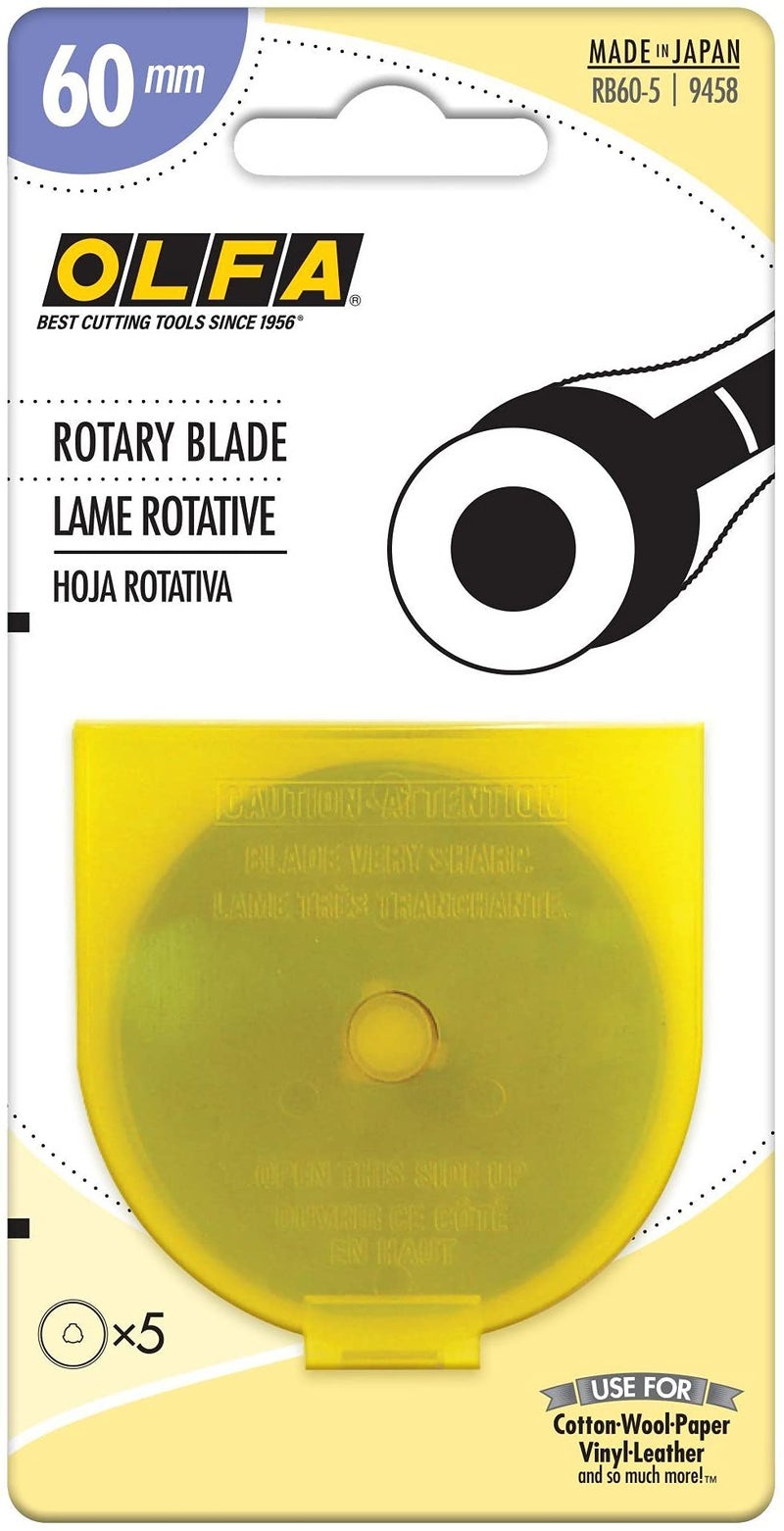 OLFA 60mm Rotary Cutter Replacement Blades, 5 Blades (RB60-5) - Tungsten Steel Circular Rotary Fabric Cutter Blade for Crafts, Sewing, Quilting, Fits Most 60mm Rotary Cutters - Image 1