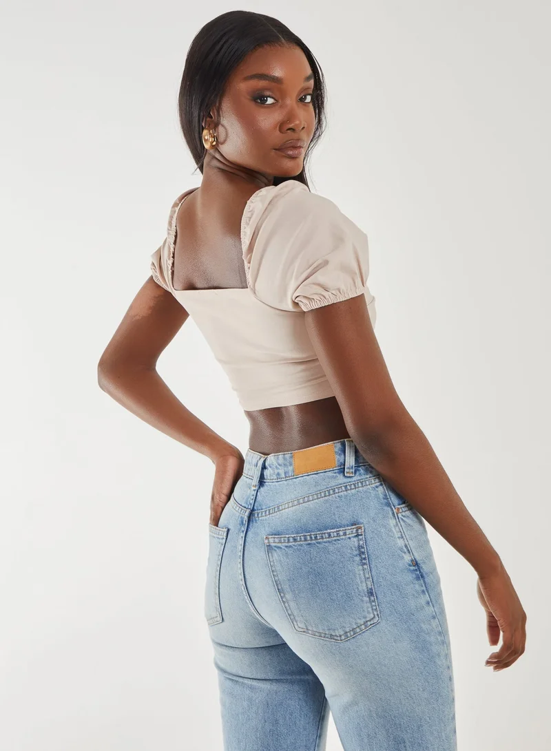 Pink Vanilla Puff Sleeve Bengaline Cropped Top