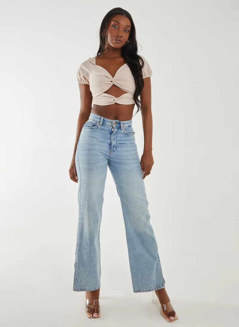 Pink Vanilla  Puff Sleeve Bengaline Cropped Top for Women | Best Price UAE