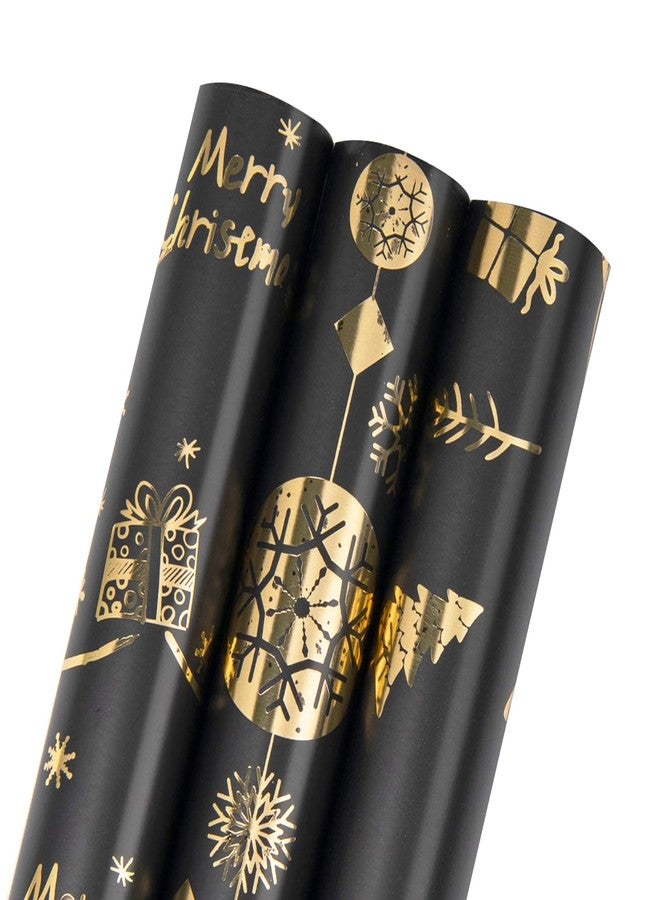 Linnoptimix Christmas Wrapping Paper Rolls -3 LARGE ROLL-27inch*78 inch per roll Colorful Foil Black wrapping paper(Christmas 3 Black/Gold（001）) - Image 1