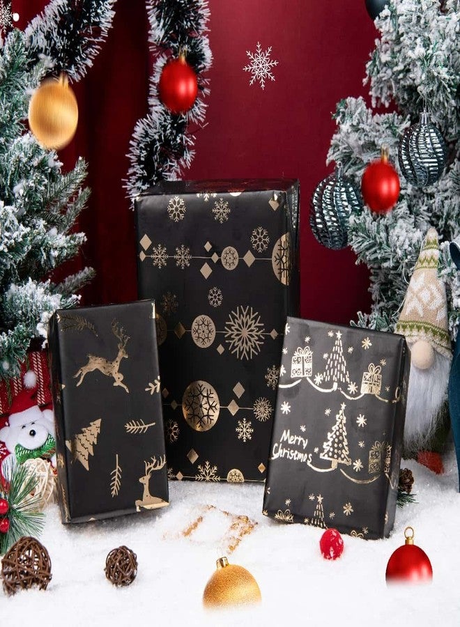 Linnoptimix Christmas Wrapping Paper Rolls -3 LARGE ROLL-27inch*78 inch per roll Colorful Foil Black wrapping paper(Christmas 3 Black/Gold（001）) - Image 3