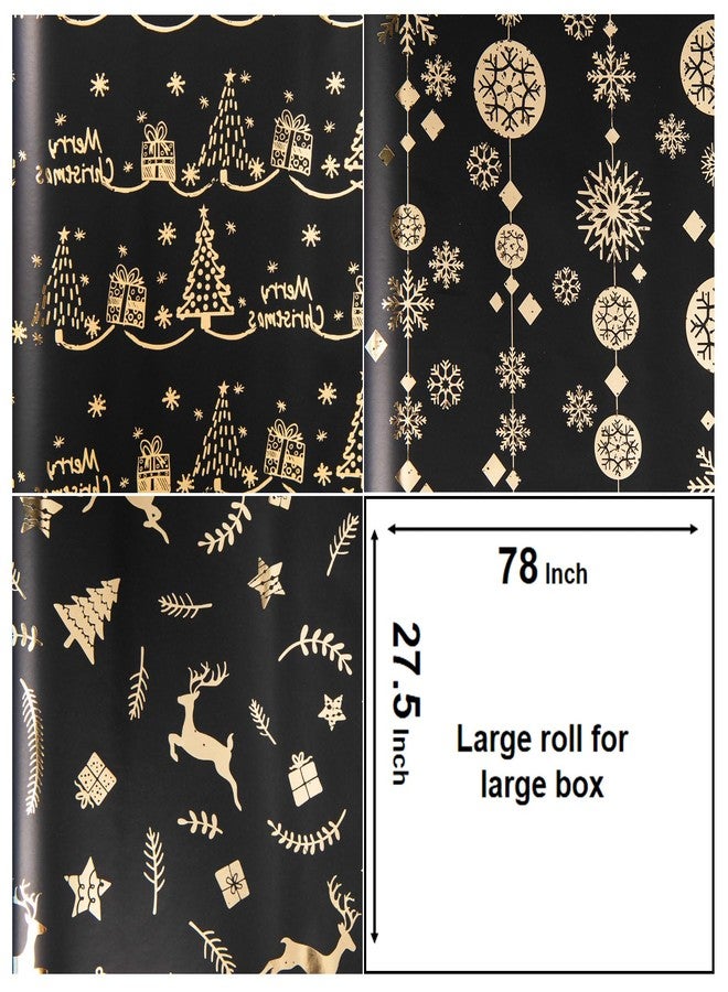 Linnoptimix Christmas Wrapping Paper Rolls -3 LARGE ROLL-27inch*78 inch per roll Colorful Foil Black wrapping paper(Christmas 3 Black/Gold（001）) - Image 2