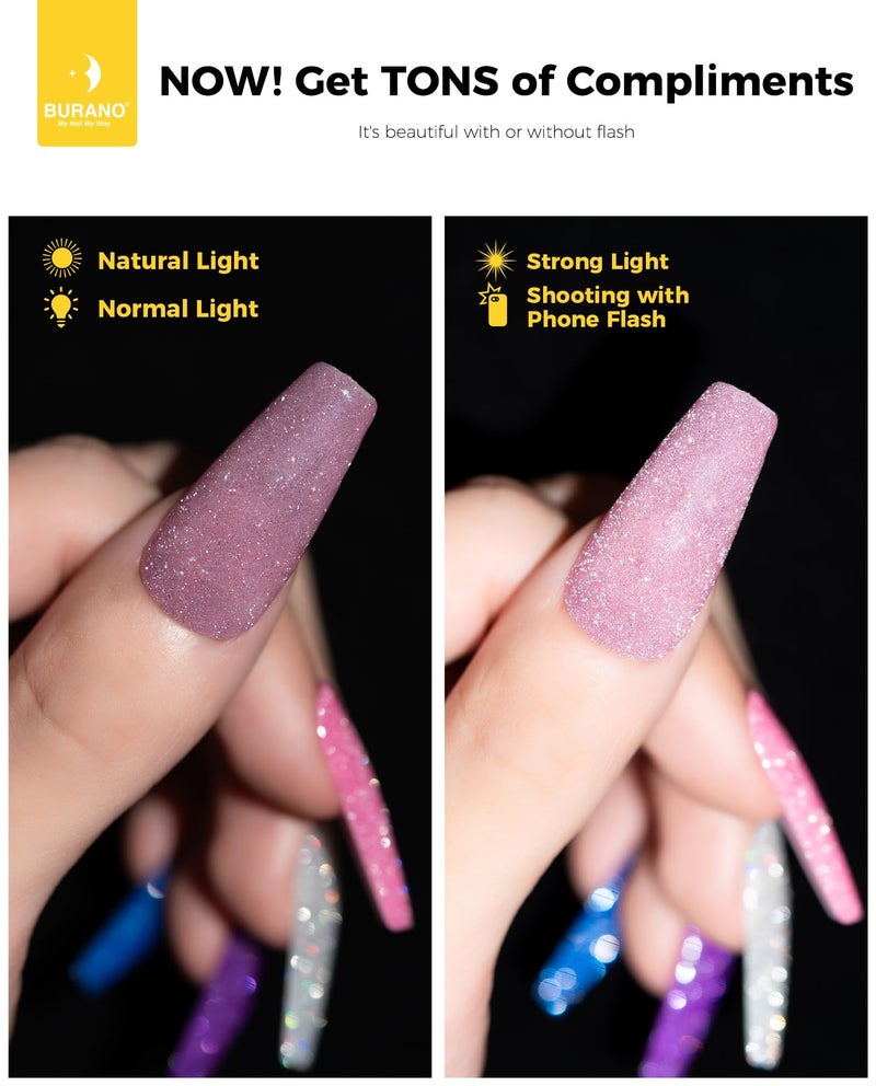 BURANO Reflective Glitter Gel Polish, Rose Blue Purple Silver Holographic Glitter Gel Nail Polish, Soak Off Disco Gel Polish UV Lamp Required 6 Bottles S1 14 - Image 5