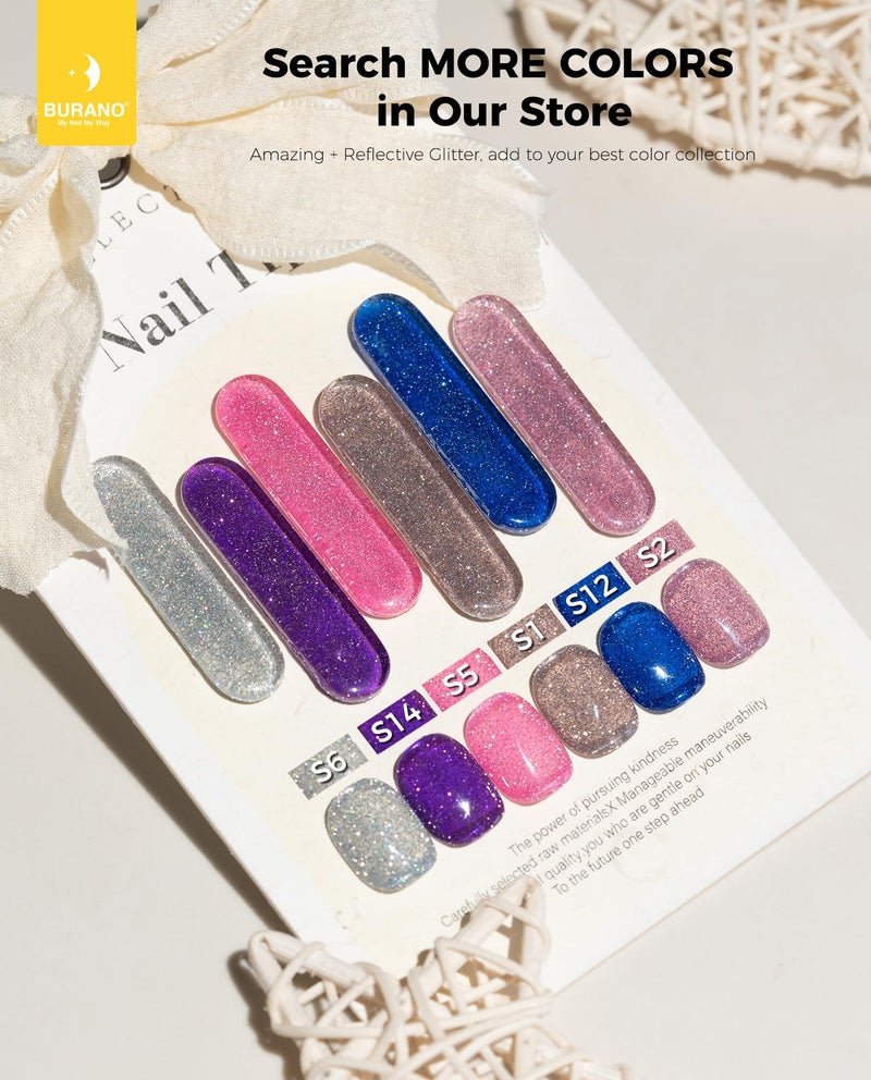 BURANO Reflective Glitter Gel Polish, Rose Blue Purple Silver Holographic Glitter Gel Nail Polish, Soak Off Disco Gel Polish UV Lamp Required 6 Bottles S1 14 - Image 3