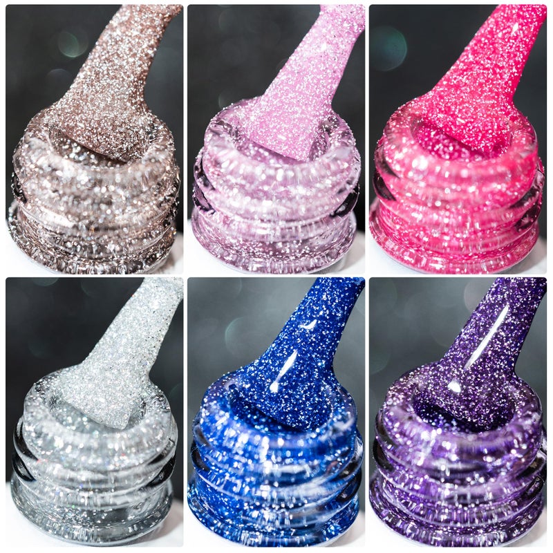 BURANO Reflective Glitter Gel Polish, Rose Blue Purple Silver Holographic Glitter Gel Nail Polish, Soak Off Disco Gel Polish UV Lamp Required 6 Bottles S1 14 - Image 1