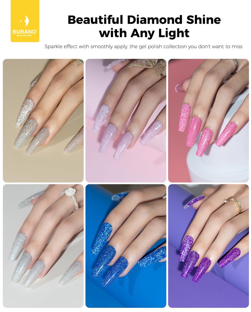 BURANO Reflective Glitter Gel Polish, Rose Blue Purple Silver Holographic Glitter Gel Nail Polish, Soak Off Disco Gel Polish UV Lamp Required 6 Bottles S1 14 - Image 2