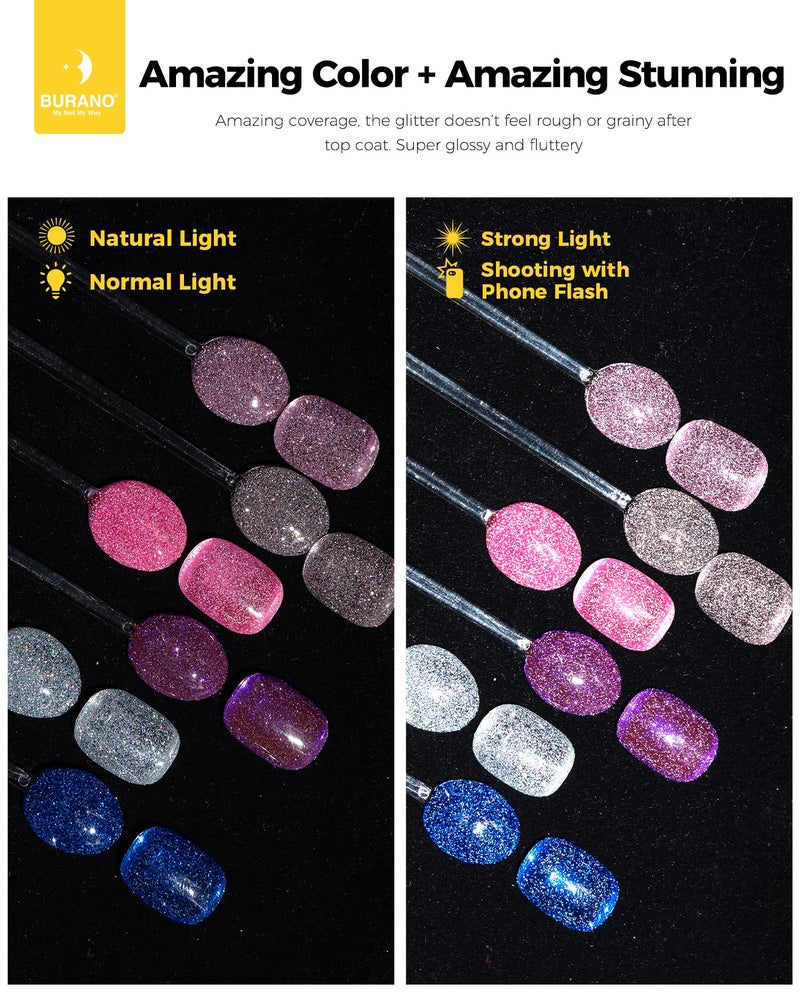 BURANO Reflective Glitter Gel Polish, Rose Blue Purple Silver Holographic Glitter Gel Nail Polish, Soak Off Disco Gel Polish UV Lamp Required 6 Bottles S1 14 - Image 4