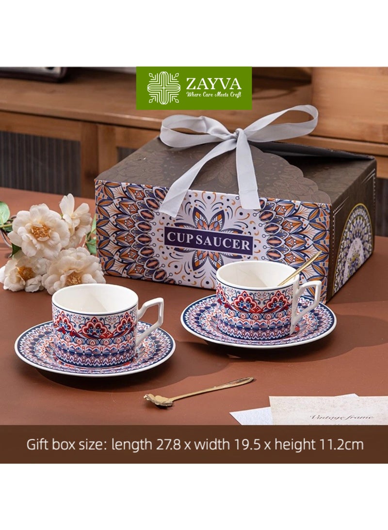 زاڤية مجموعة فاخرة من أكواب القهوة والصواني مع الأقداح (2 كوب، 2 صحن، 2 ملعقة ذهبية بتلات) - تراث حدائق فارسية، مزيج من روح البوهيمية وحرفية الشرق الأوسط، هدية راقية للمنزل والمكتب والمناسبات - Image 1
