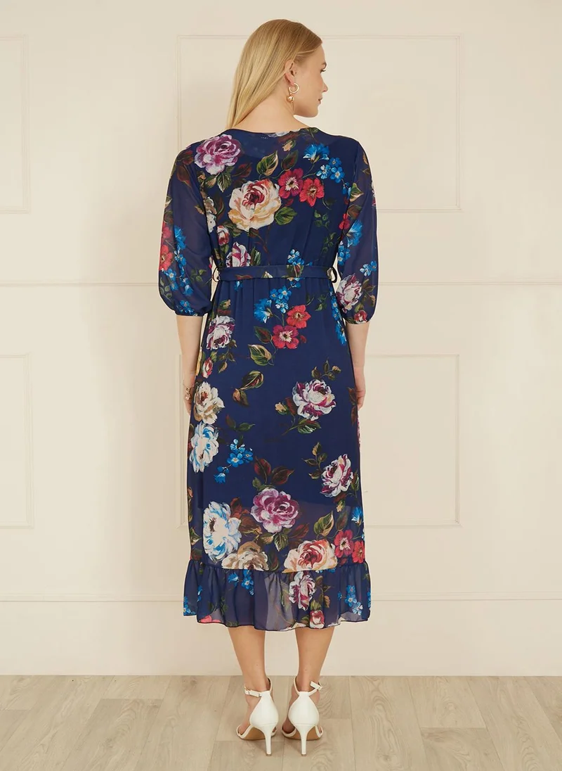 يامي Yumi Navy Watercolour Dip Hem Midi Wrap Dress