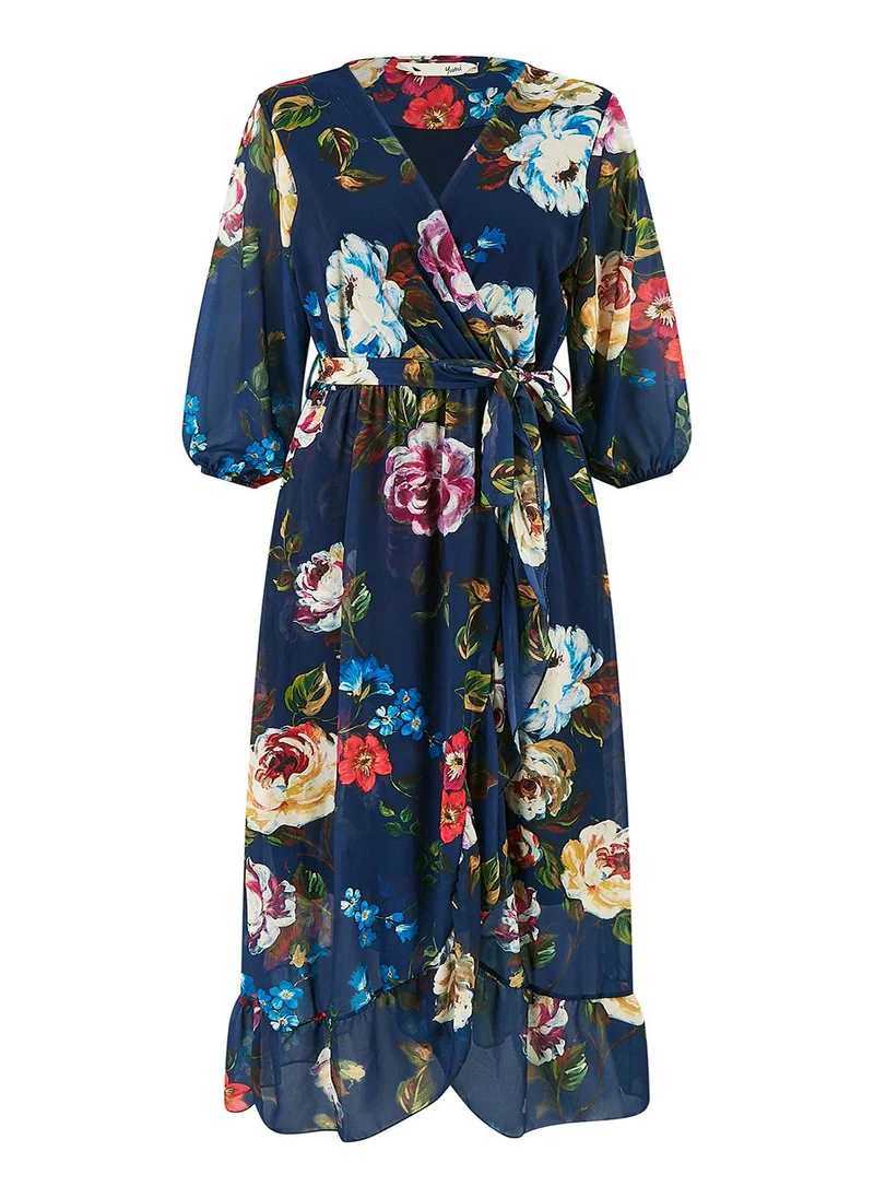 يامي Yumi Navy Watercolour Dip Hem Midi Wrap Dress