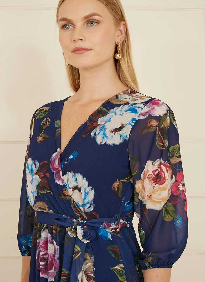 يامي Yumi Navy Watercolour Dip Hem Midi Wrap Dress