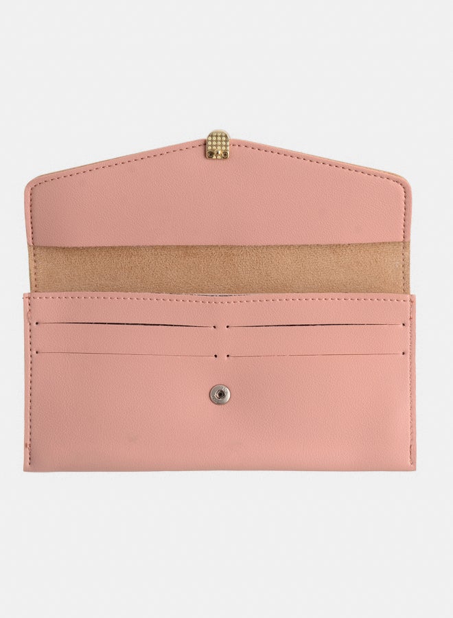 Akher el Ankoud Women's leather wallet with multiple pockets and oval lock, pink*beige  - Image 2