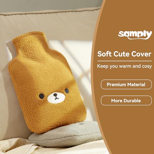 samply Hot Water Bottle with Cute Fleece Cover, Hot Water Bag for Hot and Cold Compress, Hand Feet Warmer, Neck and Shoulder Pain Relief, Brown Bear - Image 2