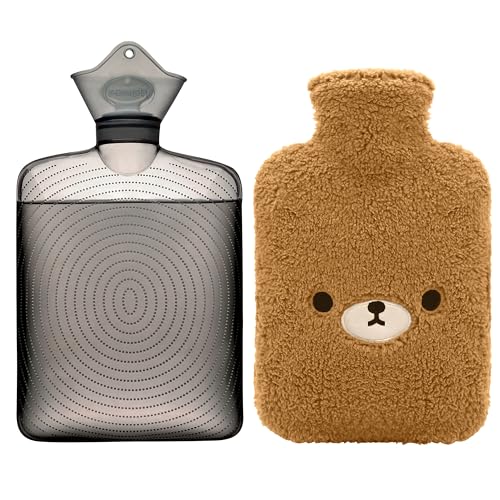 samply Hot Water Bottle with Cute Fleece Cover, Hot Water Bag for Hot and Cold Compress, Hand Feet Warmer, Neck and Shoulder Pain Relief, Brown Bear - Image 1