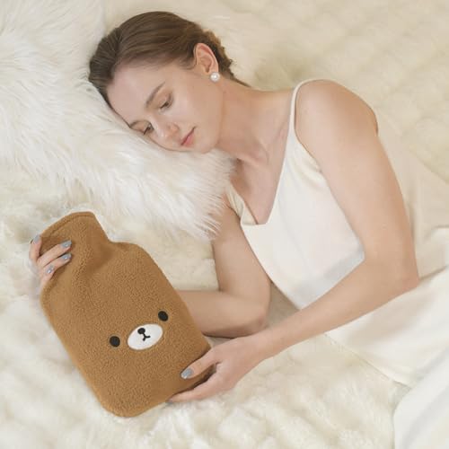 samply Hot Water Bottle with Cute Fleece Cover, Hot Water Bag for Hot and Cold Compress, Hand Feet Warmer, Neck and Shoulder Pain Relief, Brown Bear - Image 5