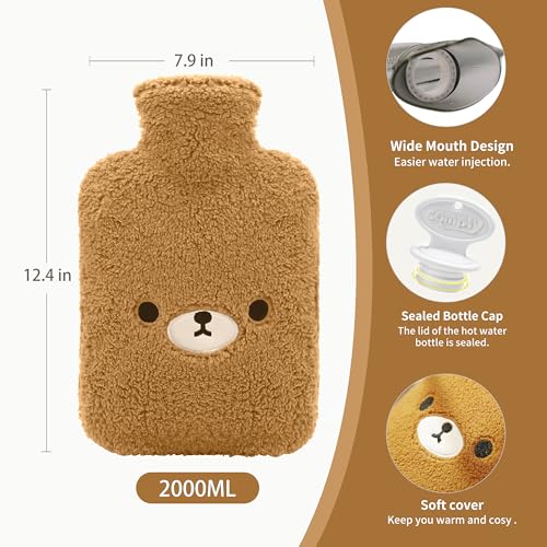 samply Hot Water Bottle with Cute Fleece Cover, Hot Water Bag for Hot and Cold Compress, Hand Feet Warmer, Neck and Shoulder Pain Relief, Brown Bear - Image 3