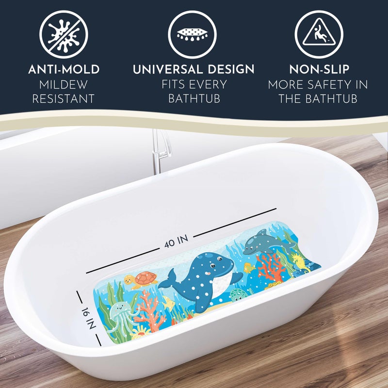 Homerella Bath Tub Mat Non Slip Anti Mold for Kids BPA Free INCL Hooks - homerellaÂ® Ocean Sea Animals 40x16, Baby Bath Mat Non Slip 200 Suction Cups, Non Toxic Machine Washable Toddler EU Certified -Magic Sea - Image 2