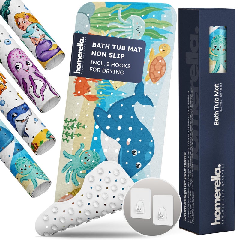 Homerella Bath Tub Mat Non Slip Anti Mold for Kids BPA Free INCL Hooks - homerellaÂ® Ocean Sea Animals 40x16, Baby Bath Mat Non Slip 200 Suction Cups, Non Toxic Machine Washable Toddler EU Certified -Magic Sea - Image 1